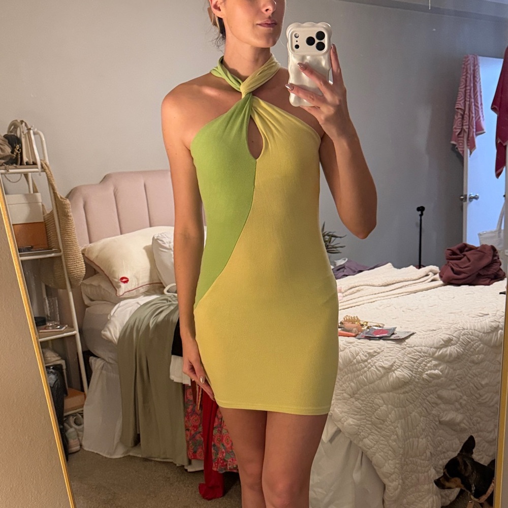 Cider Green and Yellow Twist Mini Dress